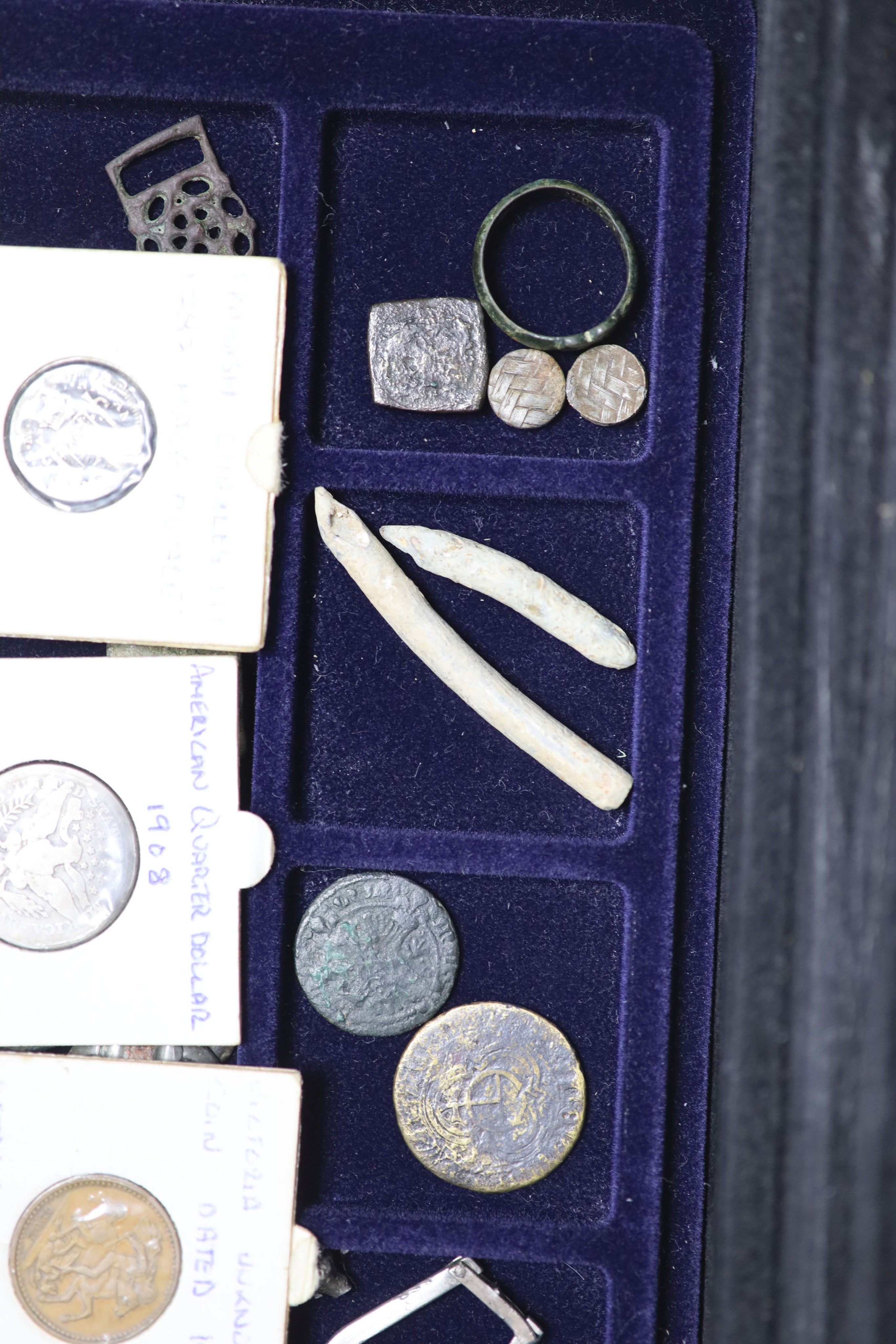 A large collection of silver, bronze and copper coins, metal fragments etc. found in Sussex, 3 trays in a case